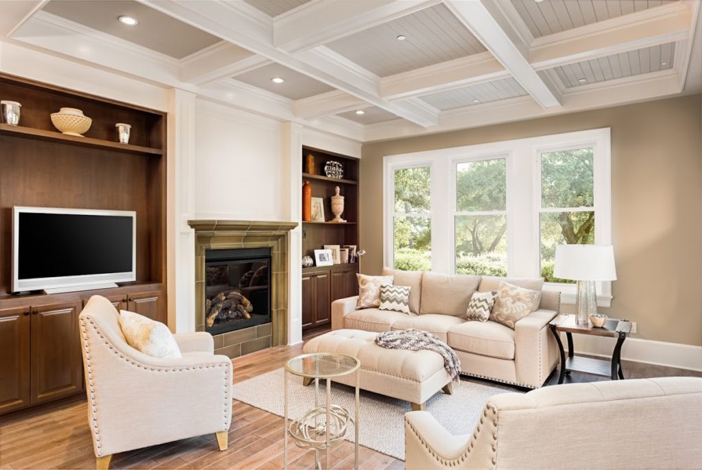 Beautiful living room with hardwood floors in new luxury home